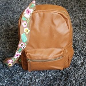 Brown Mini Backpack with Floral Straps